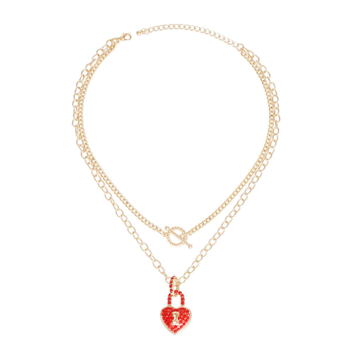 Yellow Gold Plated Chain Necklace w/ Red Lock Heart Charm