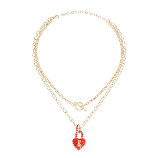 Yellow Gold Plated Chain Necklace w/ Red Lock Heart Charm