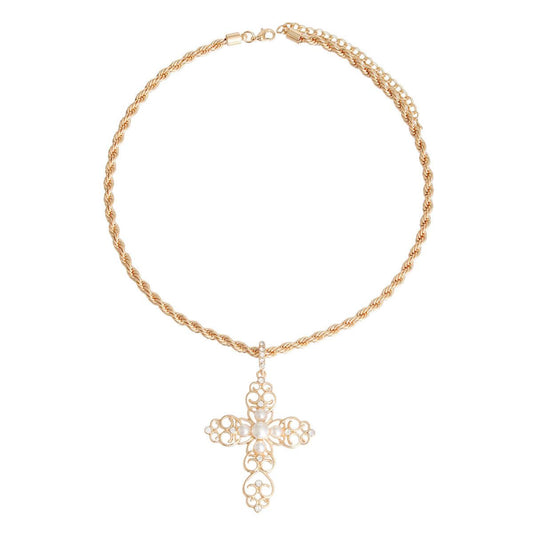 Yellow Gold Plated Filigree Cross Necklace Faux Pearls