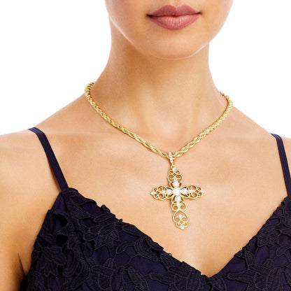 Yellow Gold Plated Filigree Cross Necklace Faux Pearls