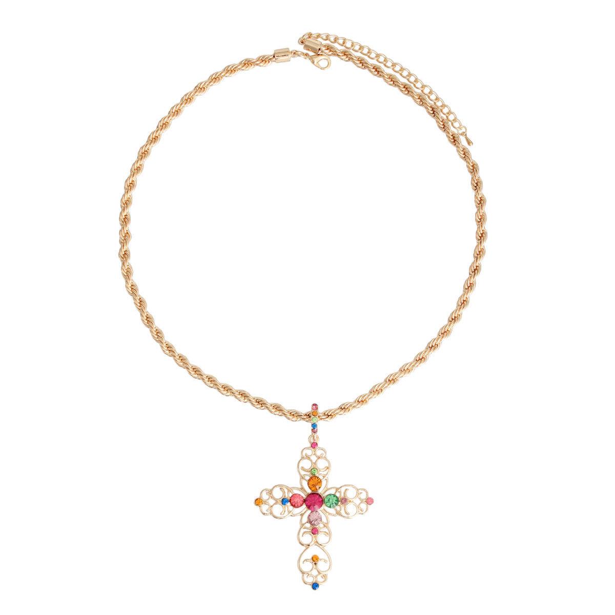 Yellow Gold Plated Filigree Cross Necklace Multicolor
