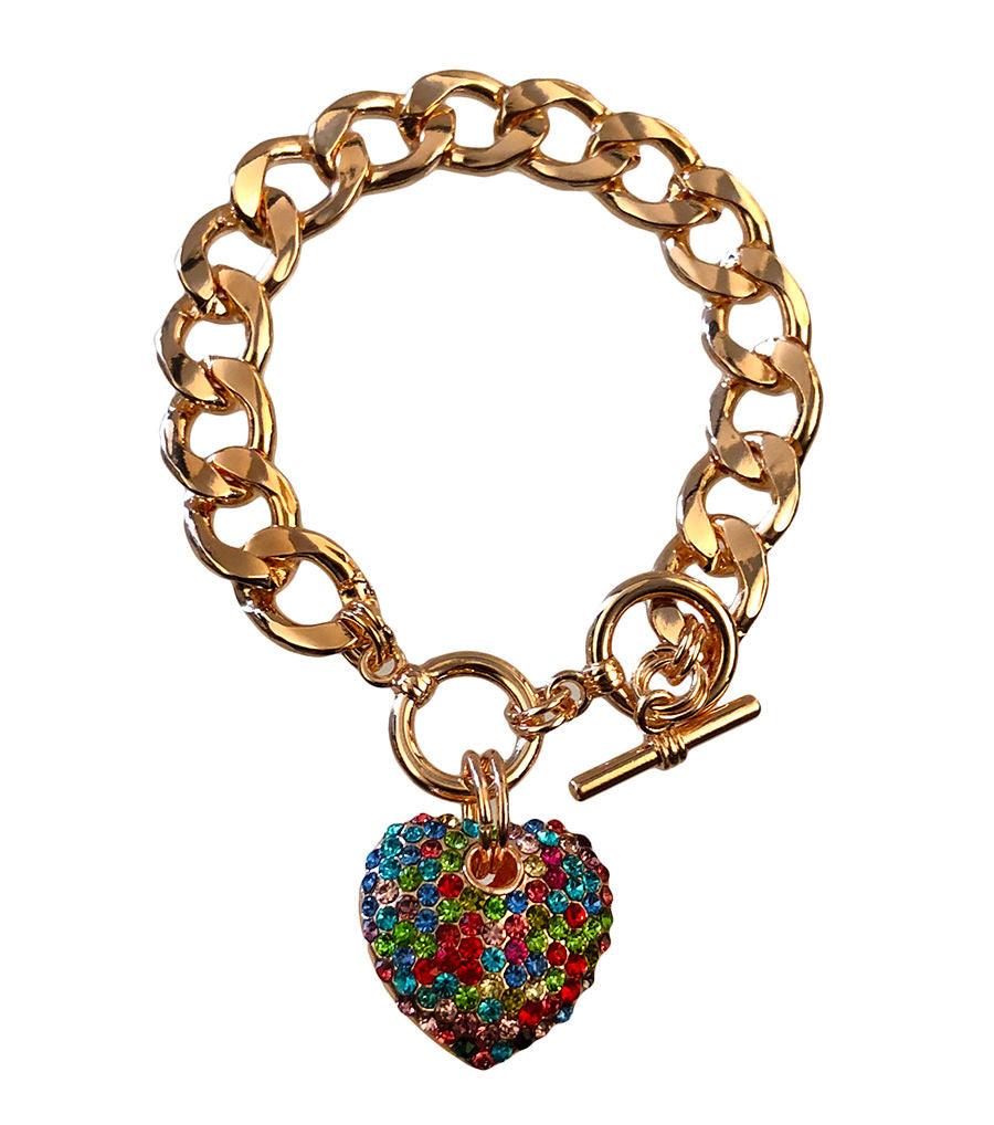 Yellow Gold Plated Link Chain Bracelet Multicolor Heart Charm