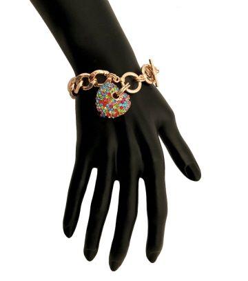 Yellow Gold Plated Link Chain Bracelet Multicolor Heart Charm