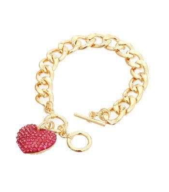 Yellow Gold Plated Link Chain Bracelet Pink Heart Charm