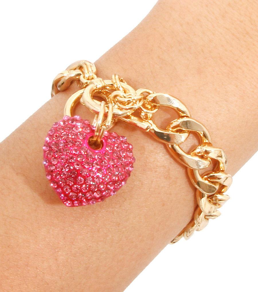Yellow Gold Plated Link Chain Bracelet Pink Heart Charm