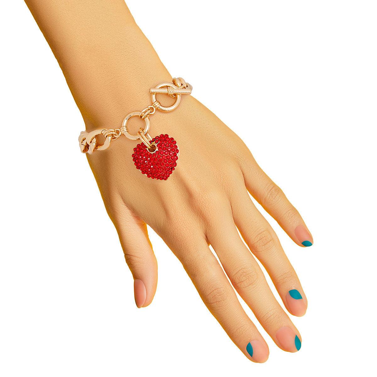 Yellow Gold Plated Link Chain Bracelet Red Heart Charm