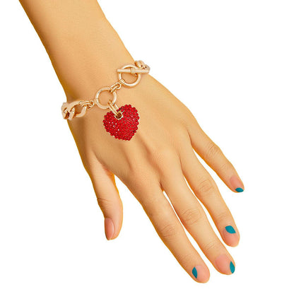 Yellow Gold Plated Link Chain Bracelet Red Heart Charm