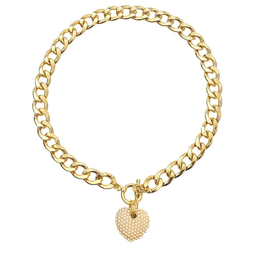 Yellow Gold Plated Link Chain Necklace Cream Faux Pearl Heart Charm