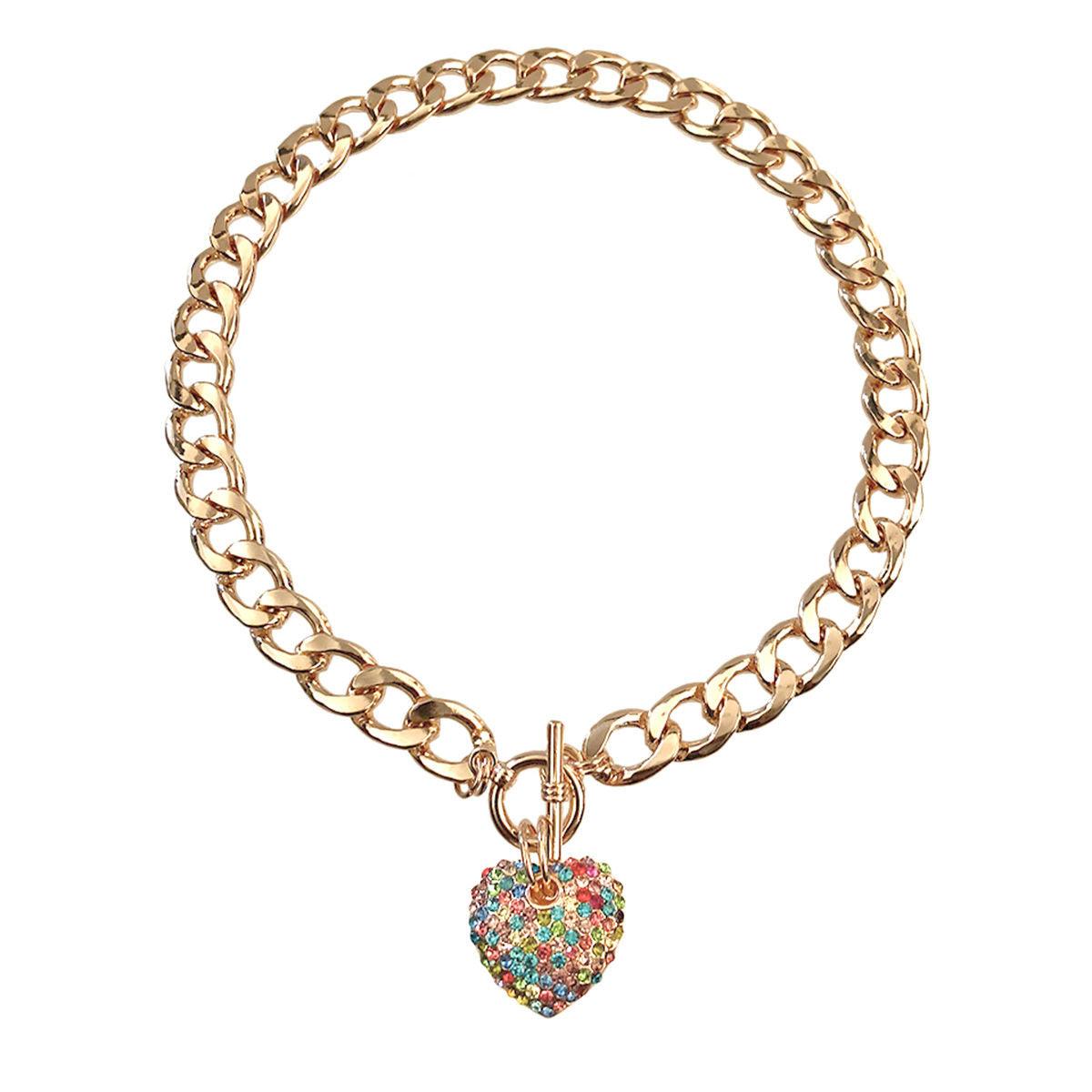 Yellow Gold Plated Link Chain Necklace Multicolor Heart Charm