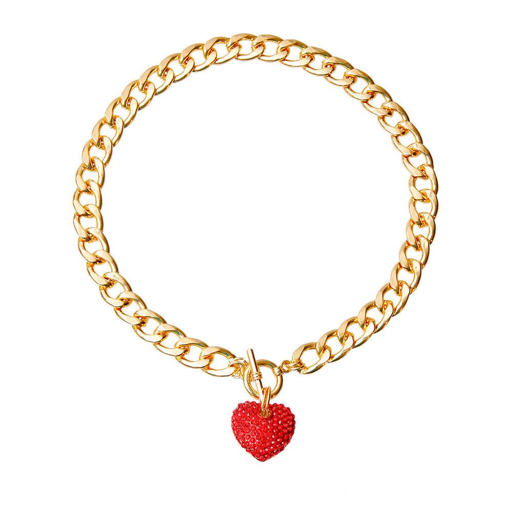 Yellow Gold Plated Link Chain Necklace Red Heart Charm