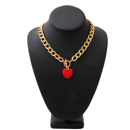 Yellow Gold Plated Link Chain Necklace Red Heart Charm