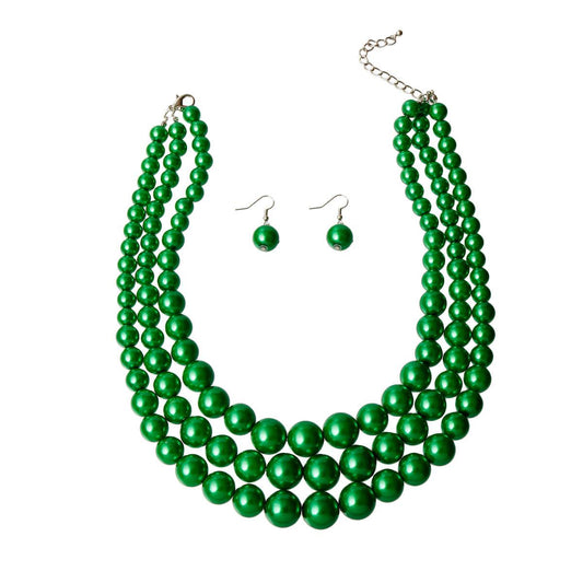 3-Strand Green Pearl Beaded Nested Necklace Set