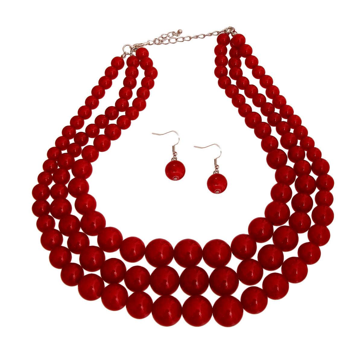 3-Strand Red Pearl Beaded Nested Necklace Set