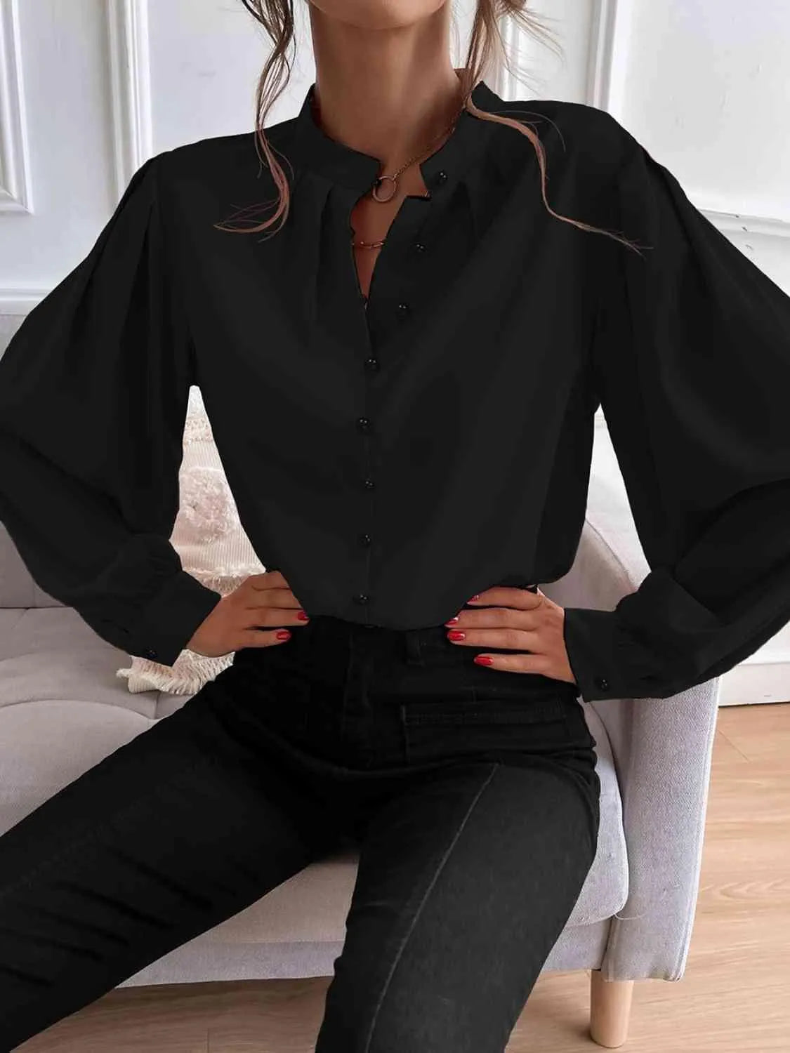 Effortless Sophistication: Women's Button Front Mock Neck Blouse Jewelry Bubble