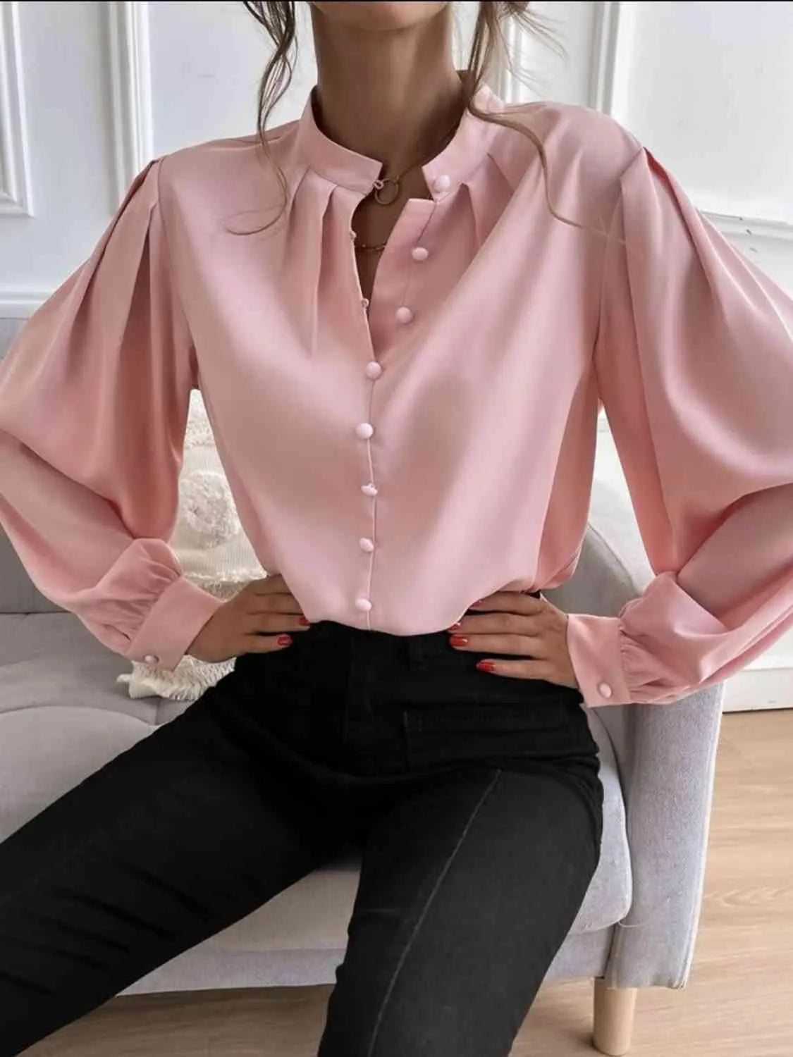 Effortless Sophistication: Women's Button Front Mock Neck Blouse Jewelry Bubble