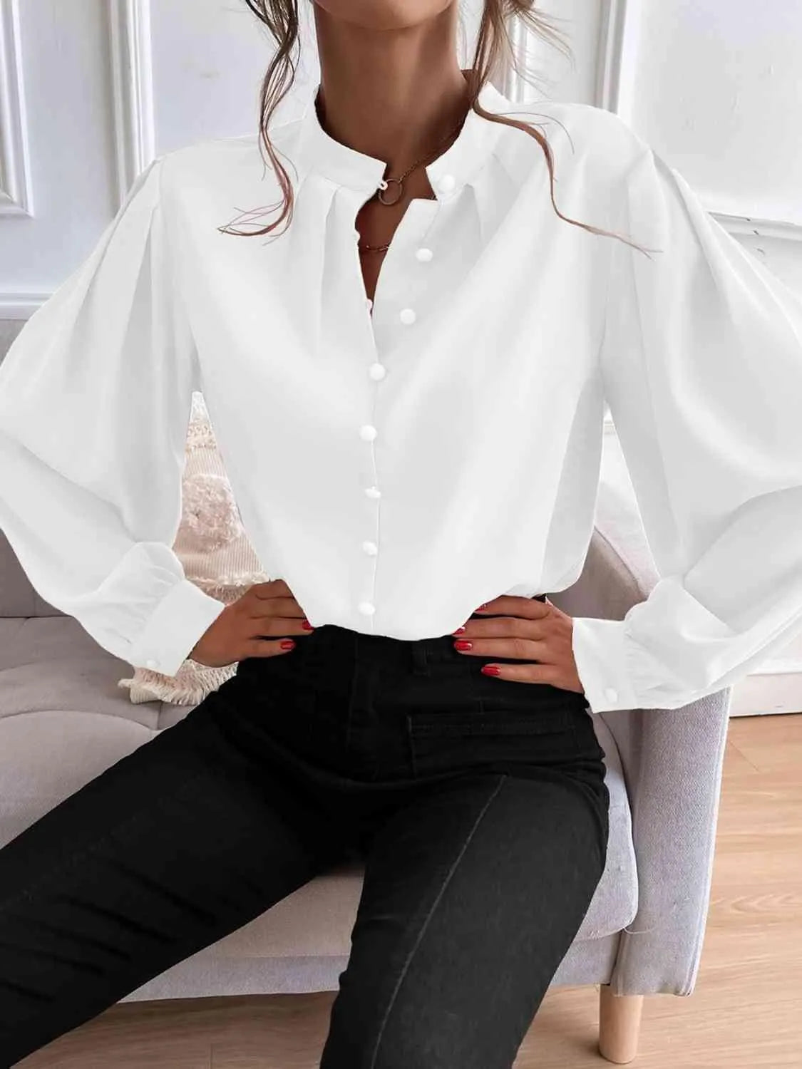 Effortless Sophistication: Women's Button Front Mock Neck Blouse Jewelry Bubble