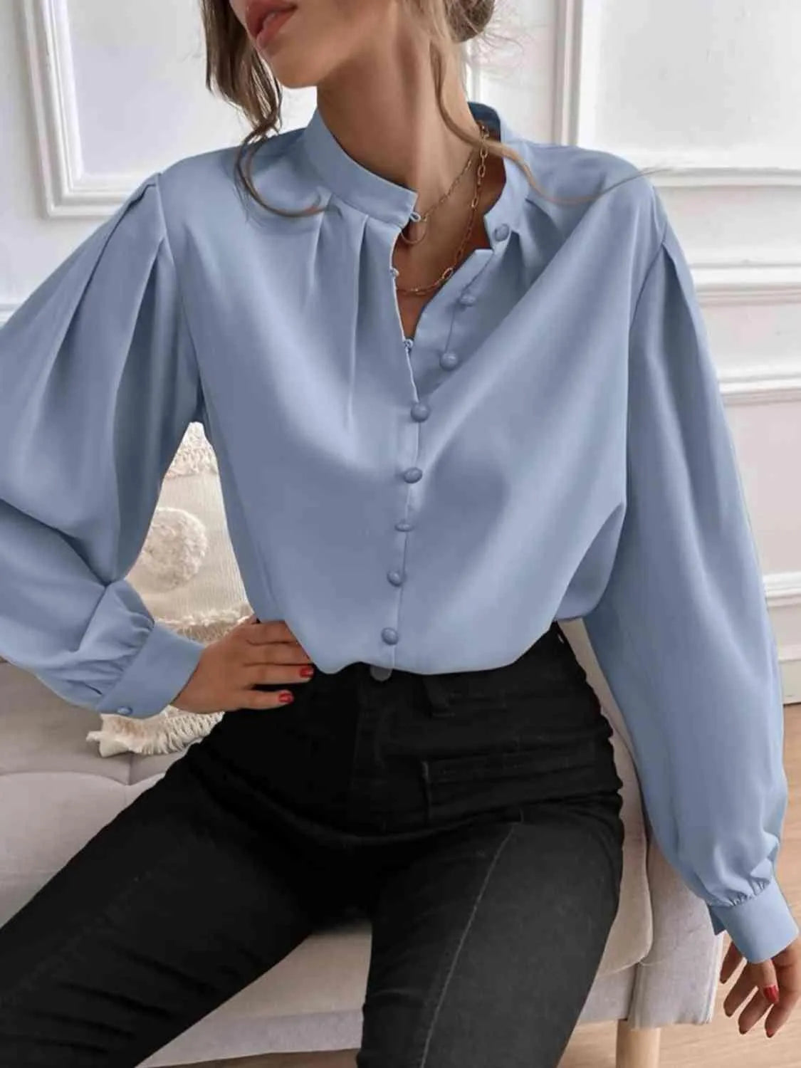 Effortless Sophistication: Women's Button Front Mock Neck Blouse Jewelry Bubble