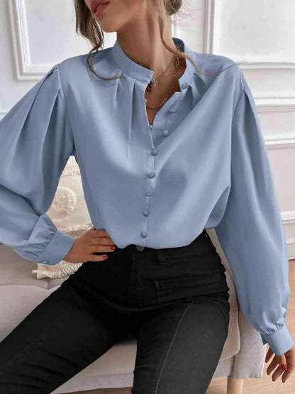 Effortless Sophistication: Women's Button Front Mock Neck Blouse Jewelry Bubble