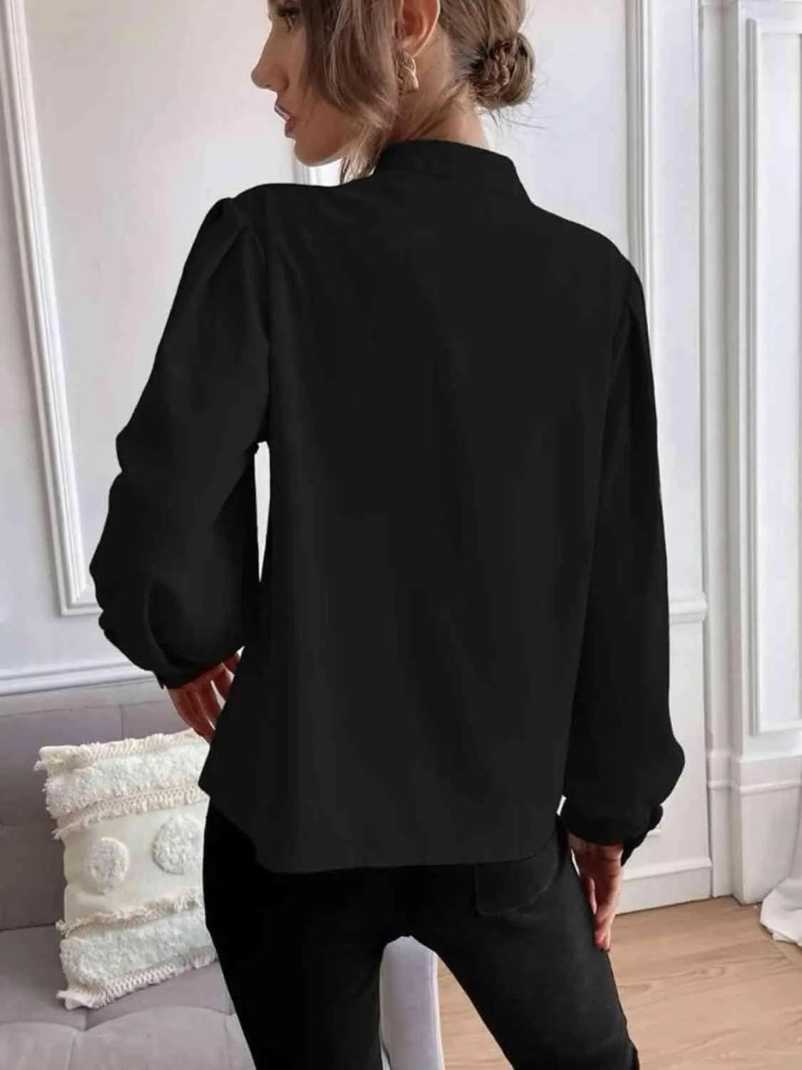 Effortless Sophistication: Women's Button Front Mock Neck Blouse Jewelry Bubble