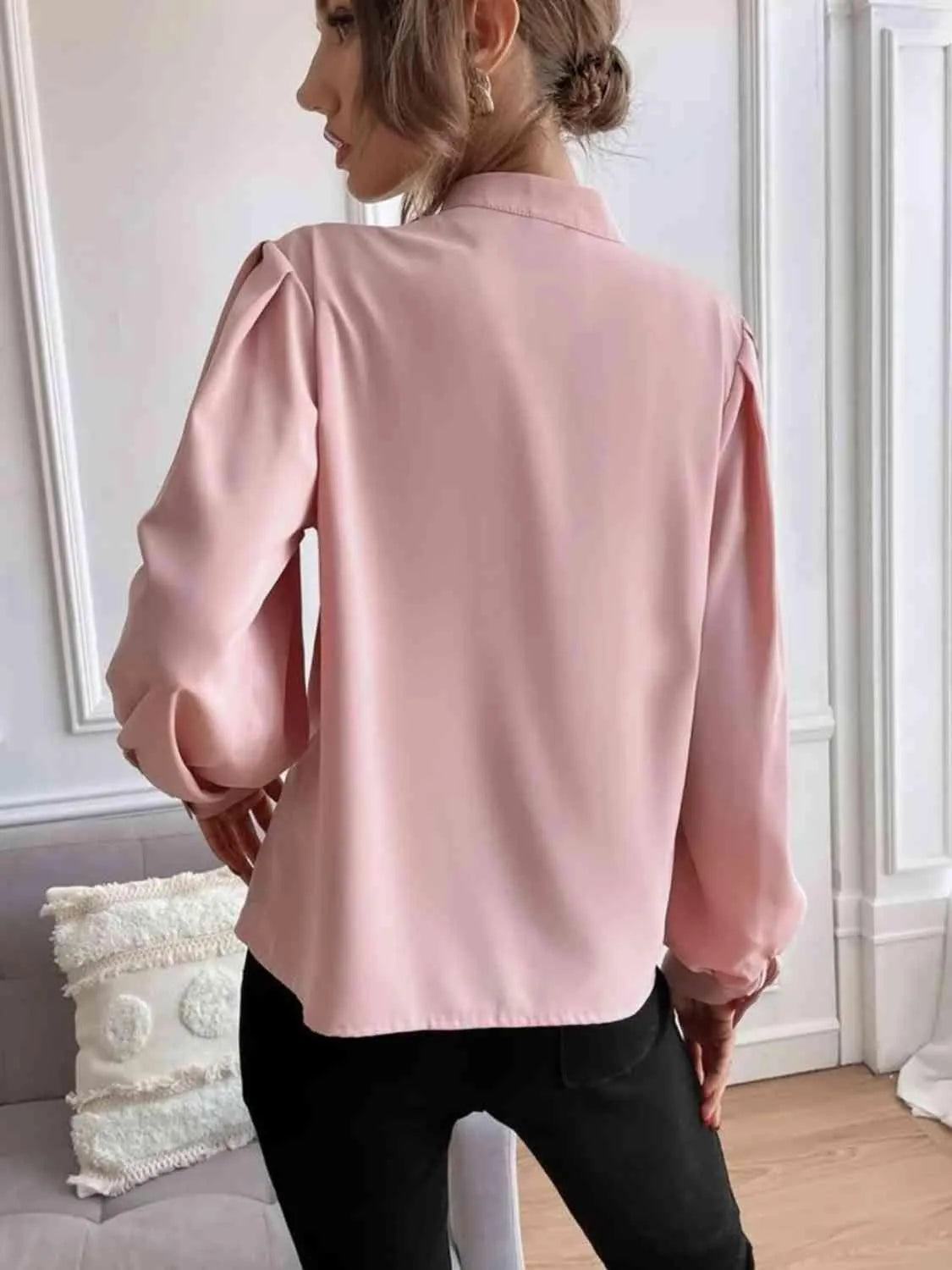 Effortless Sophistication: Women's Button Front Mock Neck Blouse Jewelry Bubble