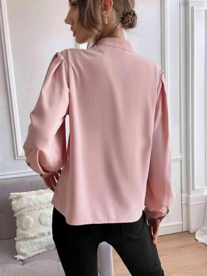 Effortless Sophistication: Women's Button Front Mock Neck Blouse Jewelry Bubble
