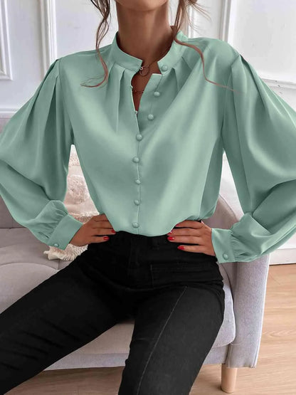 Effortless Sophistication: Women's Button Front Mock Neck Blouse Jewelry Bubble