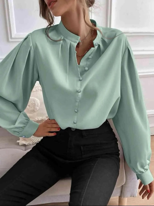 Effortless Sophistication: Women's Button Front Mock Neck Blouse Jewelry Bubble