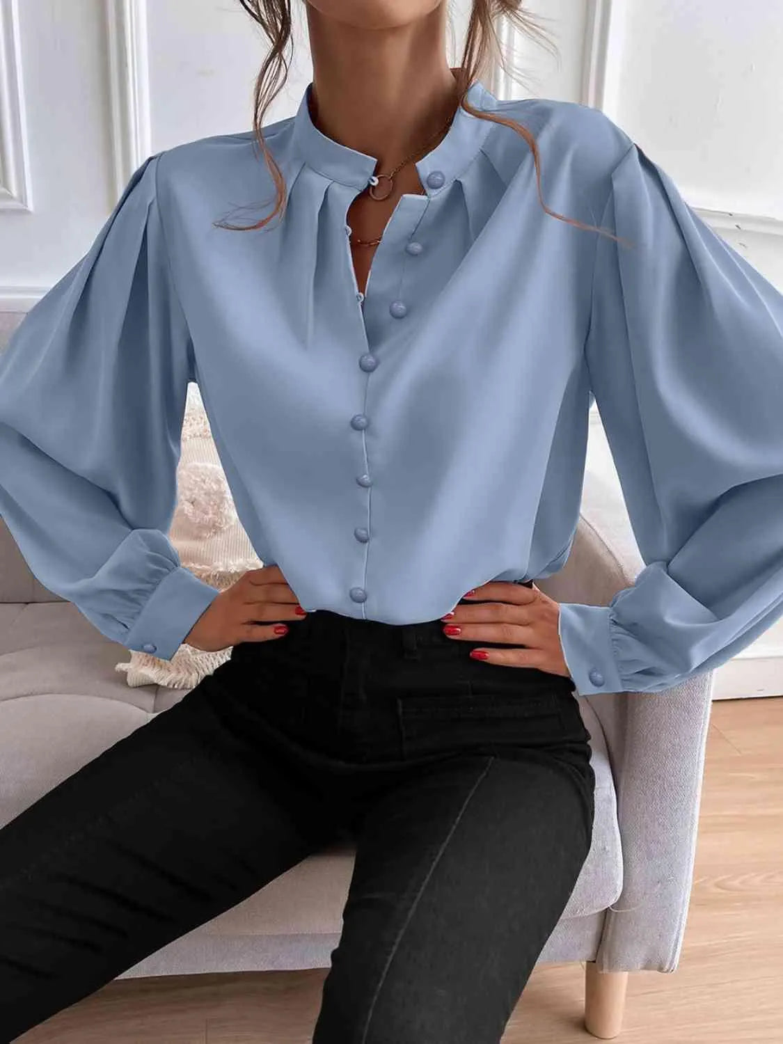 Effortless Sophistication: Women's Button Front Mock Neck Blouse Jewelry Bubble