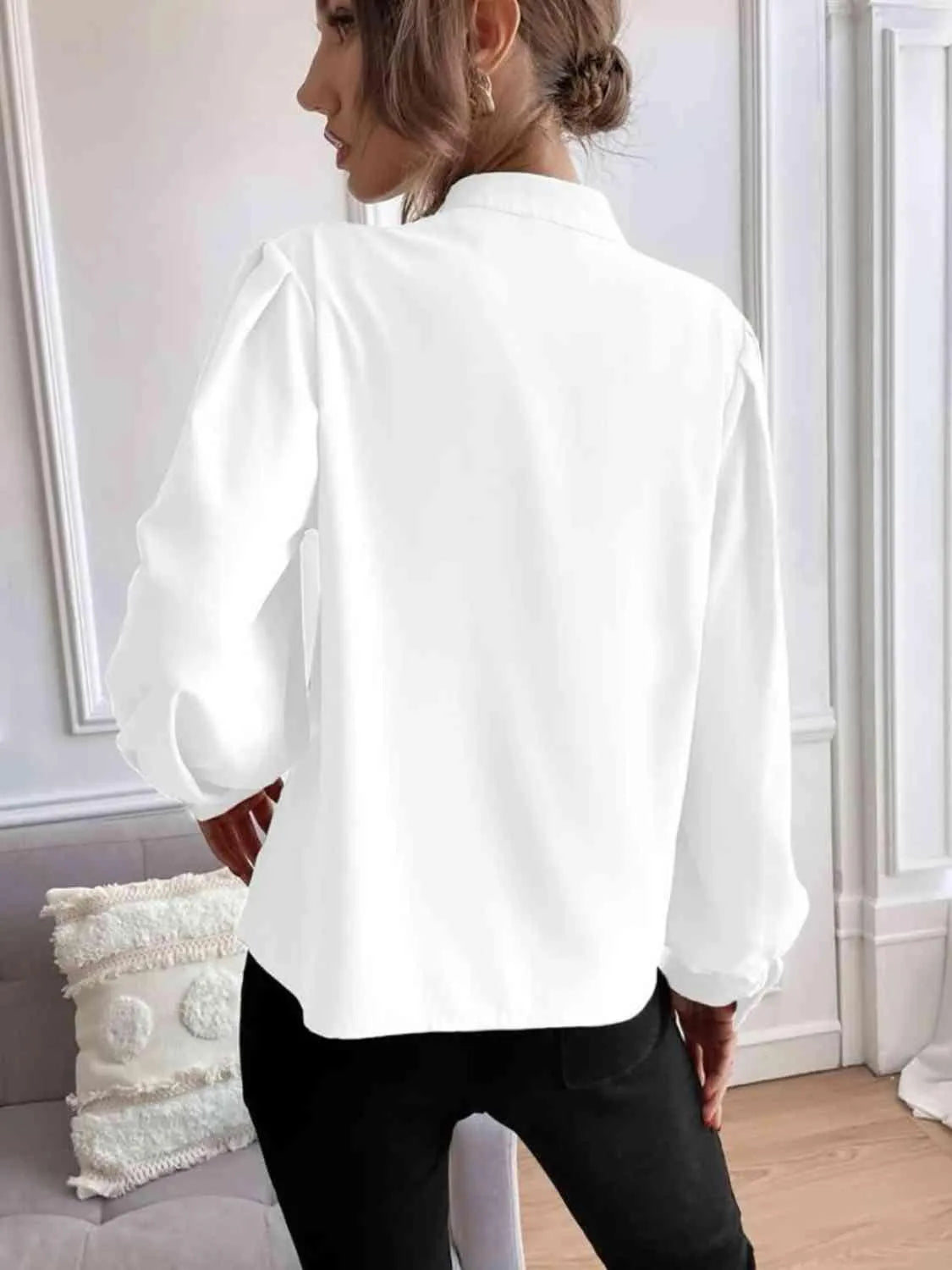 Effortless Sophistication: Women's Button Front Mock Neck Blouse Jewelry Bubble