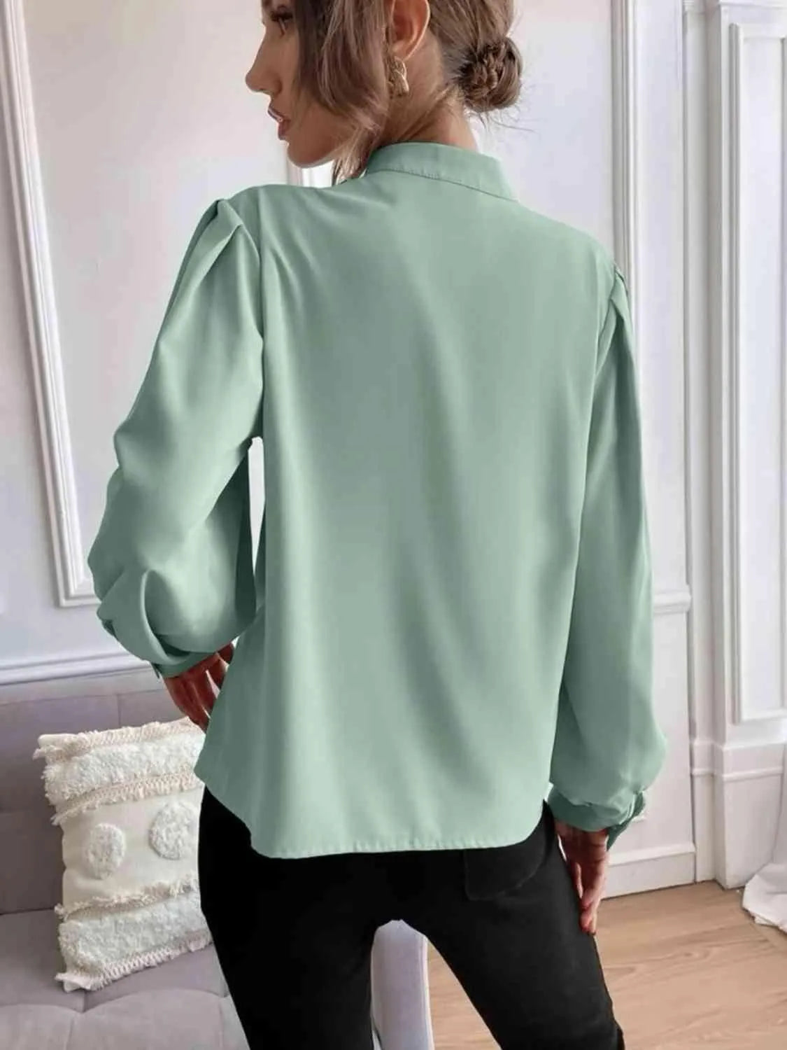 Effortless Sophistication: Women's Button Front Mock Neck Blouse Jewelry Bubble