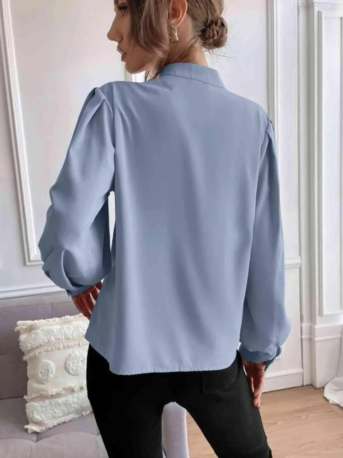 Effortless Sophistication: Women's Button Front Mock Neck Blouse Jewelry Bubble