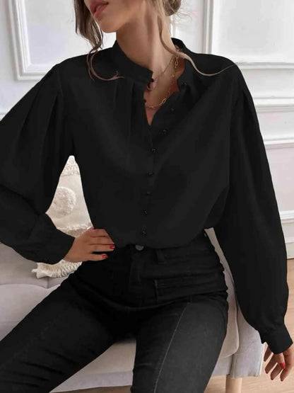 Effortless Sophistication: Women's Button Front Mock Neck Blouse Jewelry Bubble