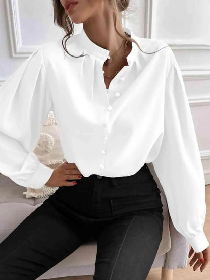 Effortless Sophistication: Women's Button Front Mock Neck Blouse Jewelry Bubble
