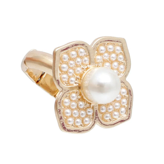 Elegance in Bloom: Gold Flower Ring with Cream Pearl - Fashion Jewelry Jewelry Bubble