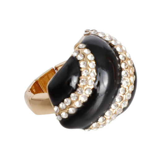 Elegant Gold Cocktail Ring with Clear Rhinestone and Black Dome - Fashion Jewelry Pinktown
