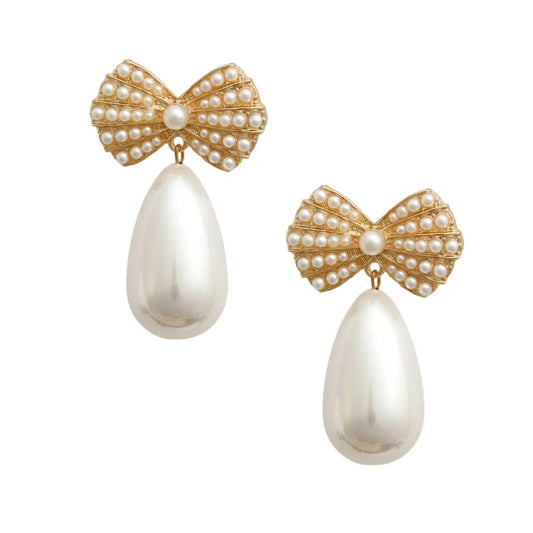 Elegant Gold Tone & Faux Cream Pearl Bow Earrings with Teardrop Detail Jewelry Bubble