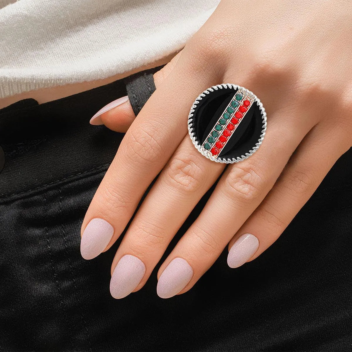 Elegant Silver and Black Medallion Ring with Rhinestone Accent Jewelry Bubble