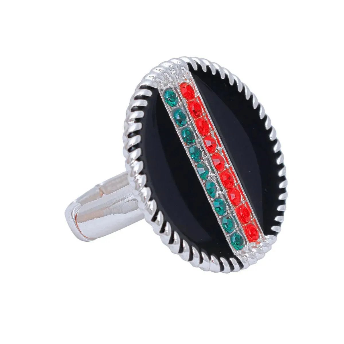 Elegant Silver and Black Medallion Ring with Rhinestone Accent