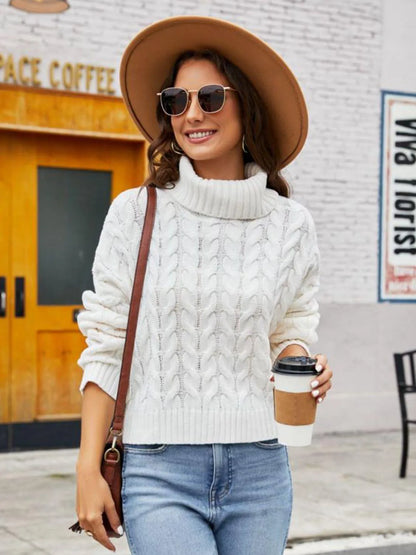 Experience comfort and fashion with our Turtle Neck Cable-Knit Sweater Jewelry Bubble