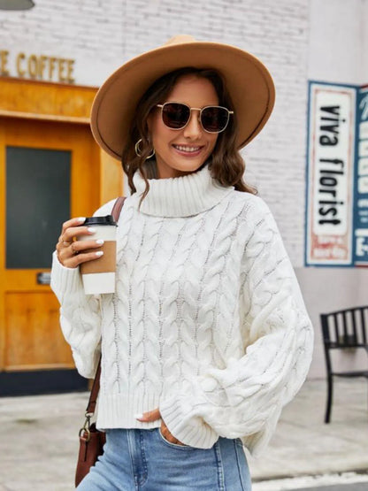 Experience comfort and fashion with our Turtle Neck Cable-Knit Sweater Jewelry Bubble