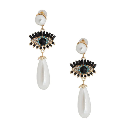 Experience the Magic: Cream Pearl Evil Eye Statement Earrings That Dazzle! Pinktown