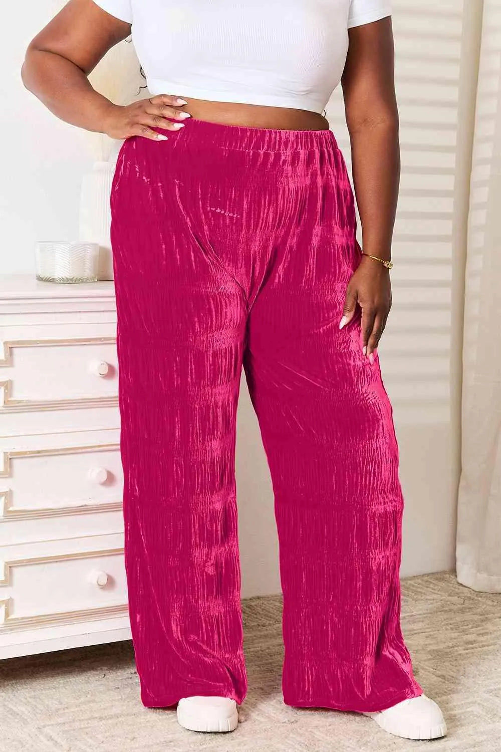 Fashion Forward: Wide Leg Velvet Pants with Tiered Detail Jewelry Bubble