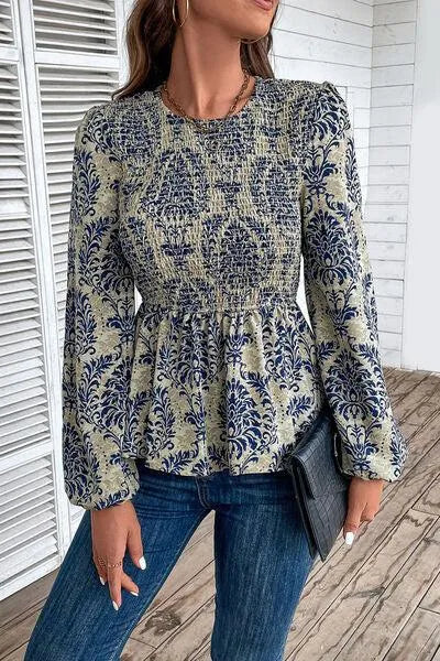 Feminine Smocked Printed Blouse for Any Occasion Jewelry Bubble