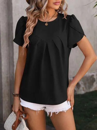 Flattering Ruched Blouse with Petal Sleeves | Stylish Women's Fashion Jewelry Bubble