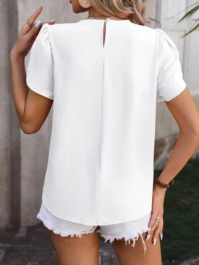 Flattering Ruched Blouse with Petal Sleeves | Stylish Women's Fashion Jewelry Bubble