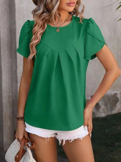 Flattering Ruched Blouse with Petal Sleeves | Stylish Women's Fashion Jewelry Bubble