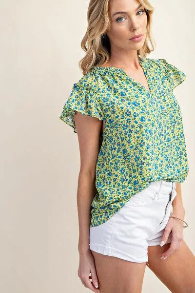 Floral Notched Ruffle Cap Sleeve Blouse: Your Style, Your Way Jewelry Bubble