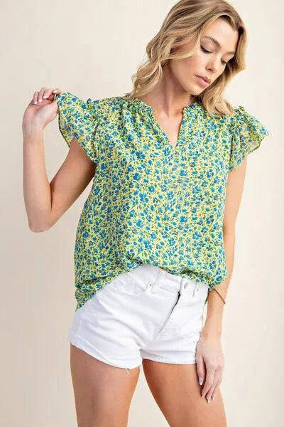 Floral Notched Ruffle Cap Sleeve Blouse: Your Style, Your Way Jewelry Bubble