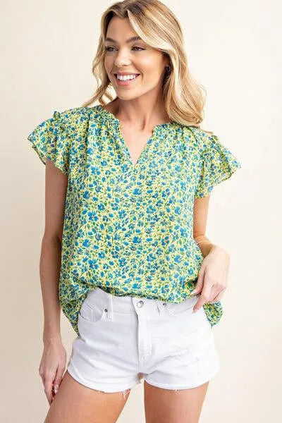 Floral Notched Ruffle Cap Sleeve Blouse: Your Style, Your Way Jewelry Bubble