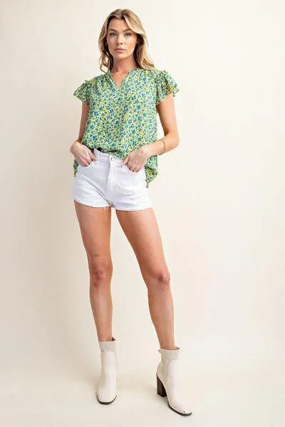 Floral Notched Ruffle Cap Sleeve Blouse: Your Style, Your Way Jewelry Bubble